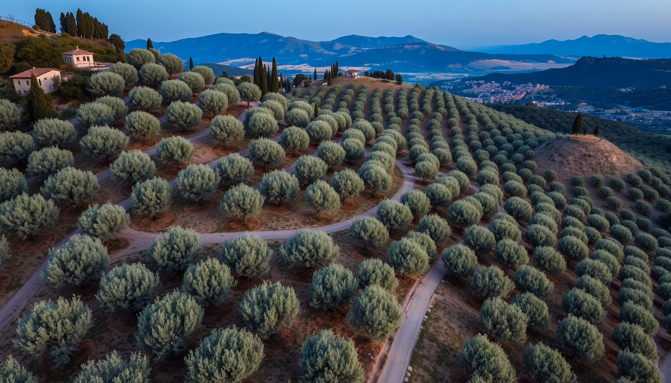 olive grove tuscany hillside in editorial style