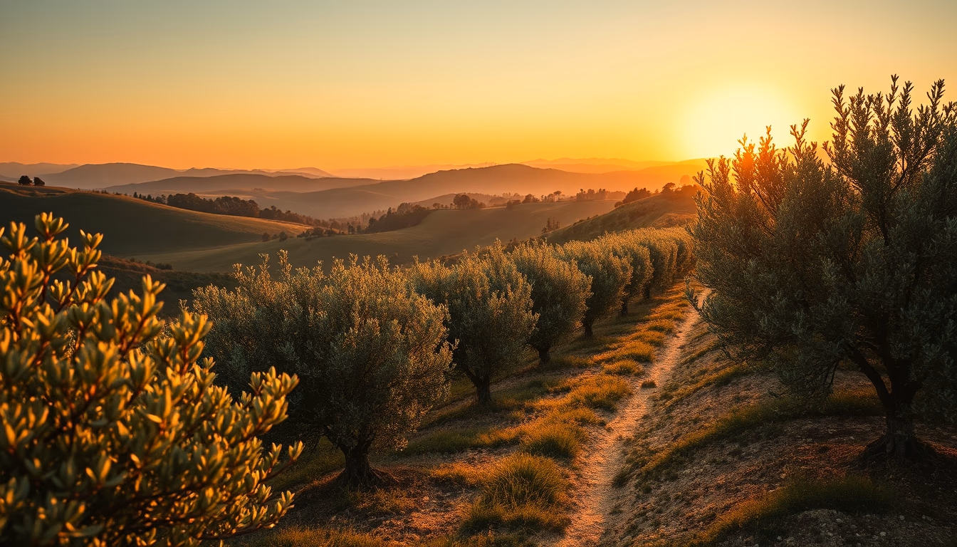 olive grove tuscany hillside in editorial style