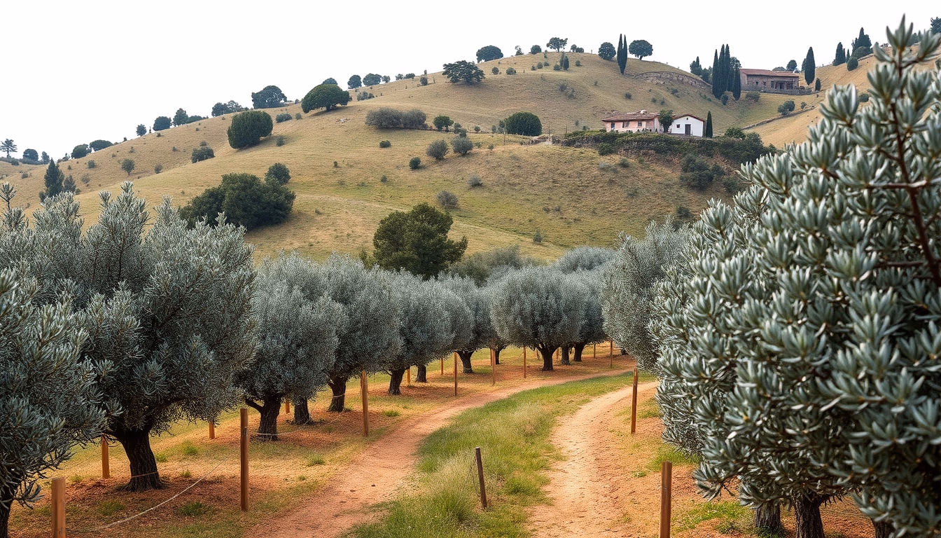 olive grove tuscany hillside in editorial style
