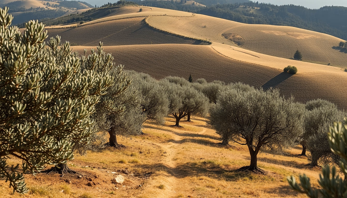 olive grove tuscany hillside in editorial style