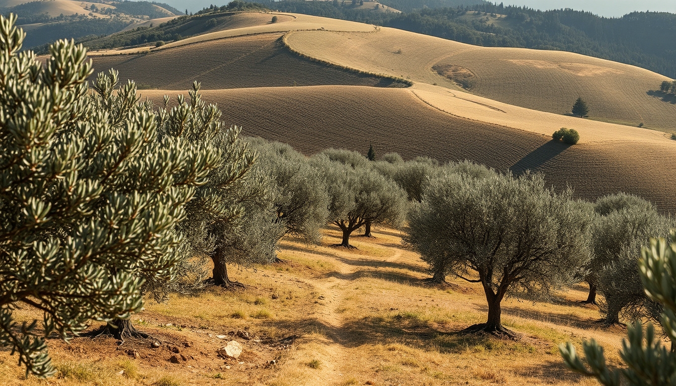 olive grove tuscany hillside in editorial style
