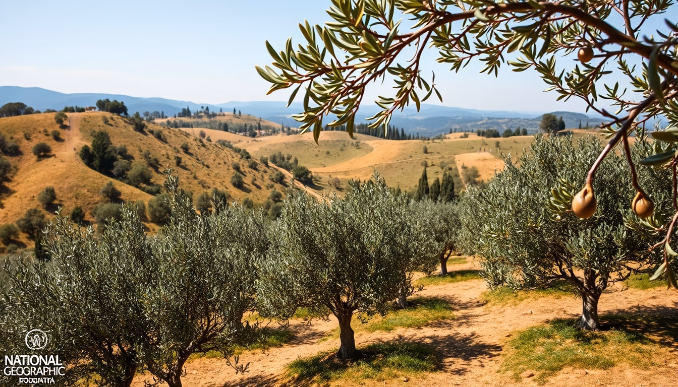 olive grove tuscany hillside in editorial style