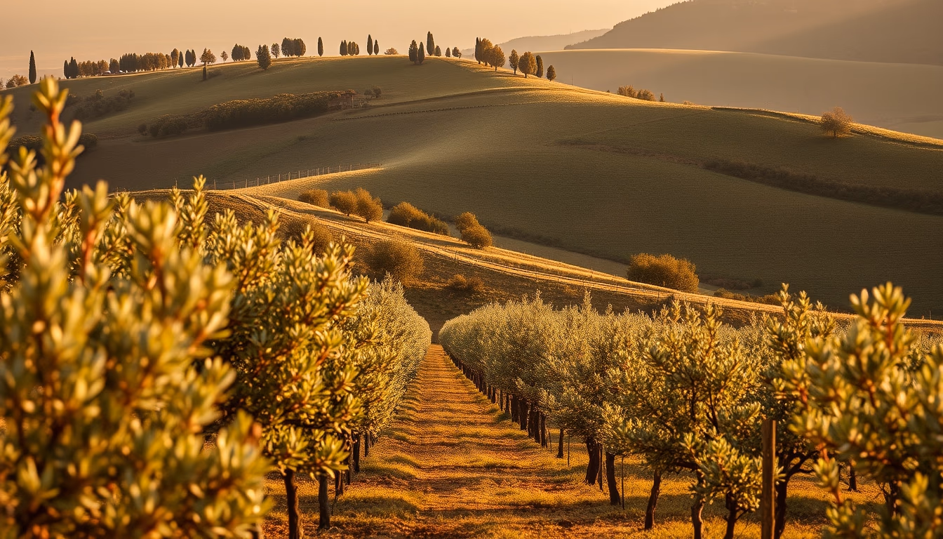 olive grove tuscany hillside in editorial style