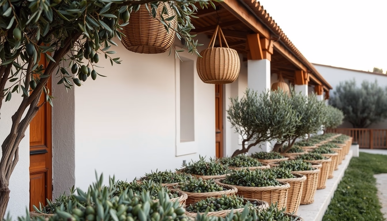 olive harvest baskets in editorial style