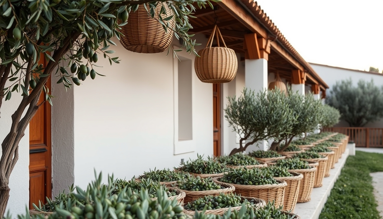 olive harvest baskets in editorial style