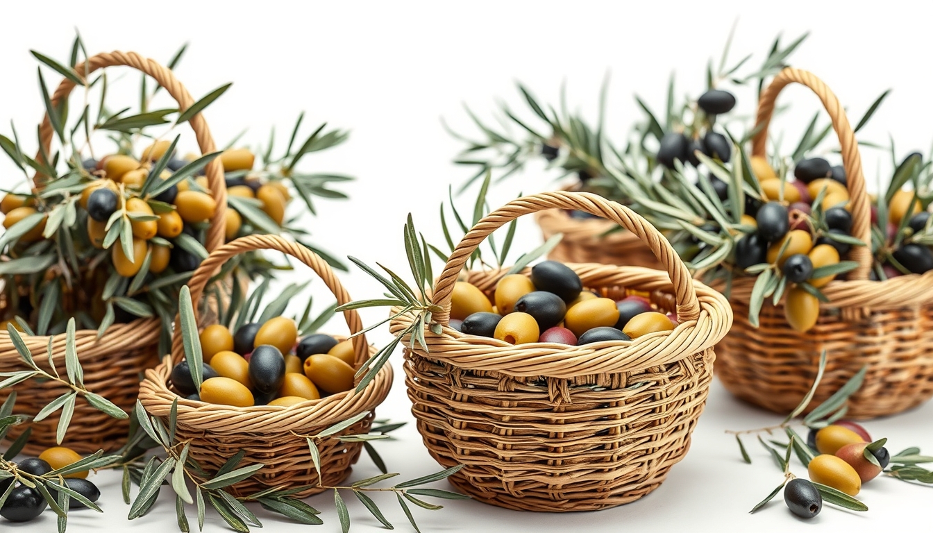 olive harvest baskets in editorial style