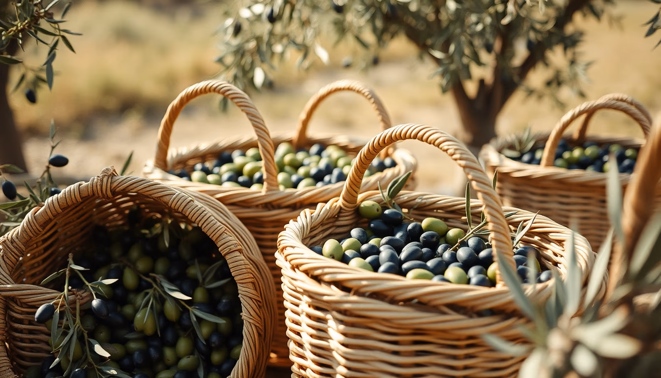 olive harvest baskets in editorial style