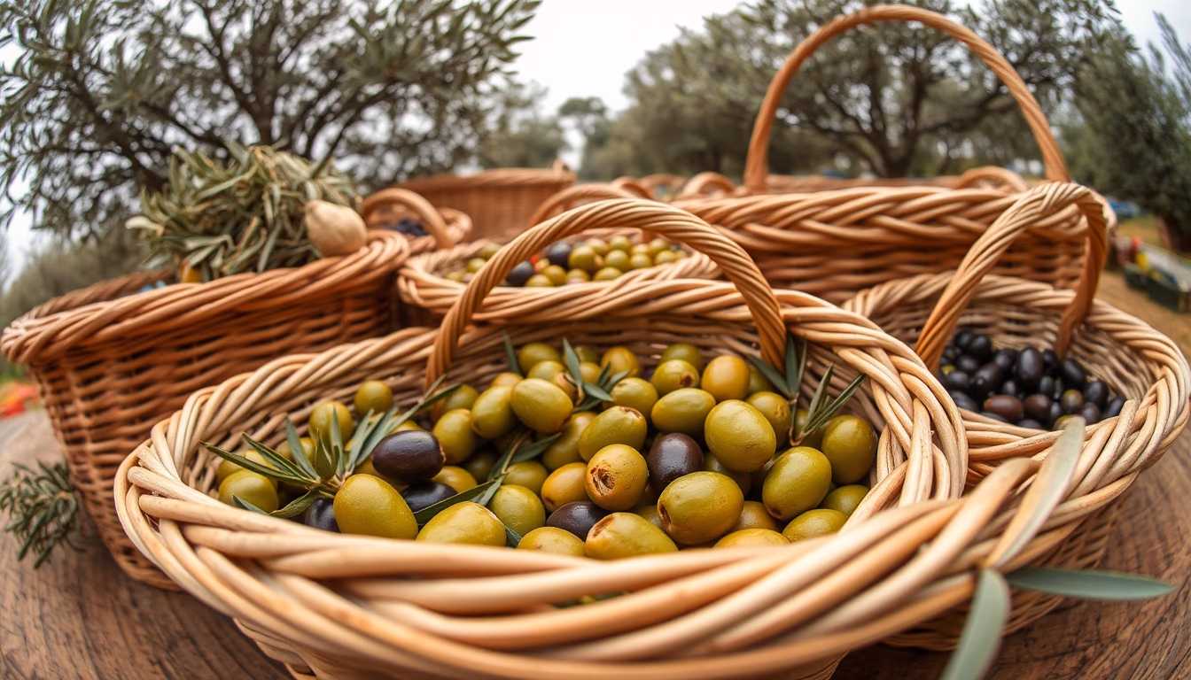 olive harvest baskets in editorial style