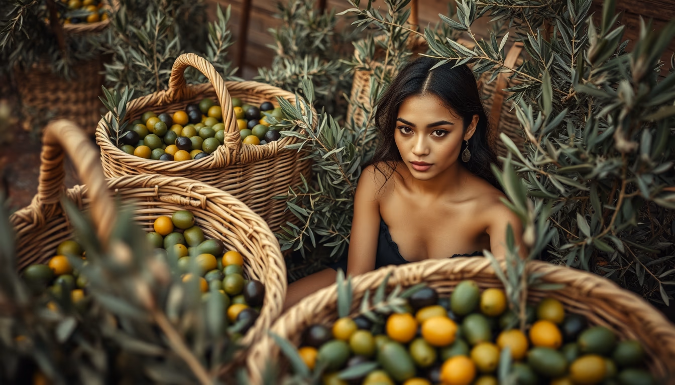olive harvest baskets in editorial style