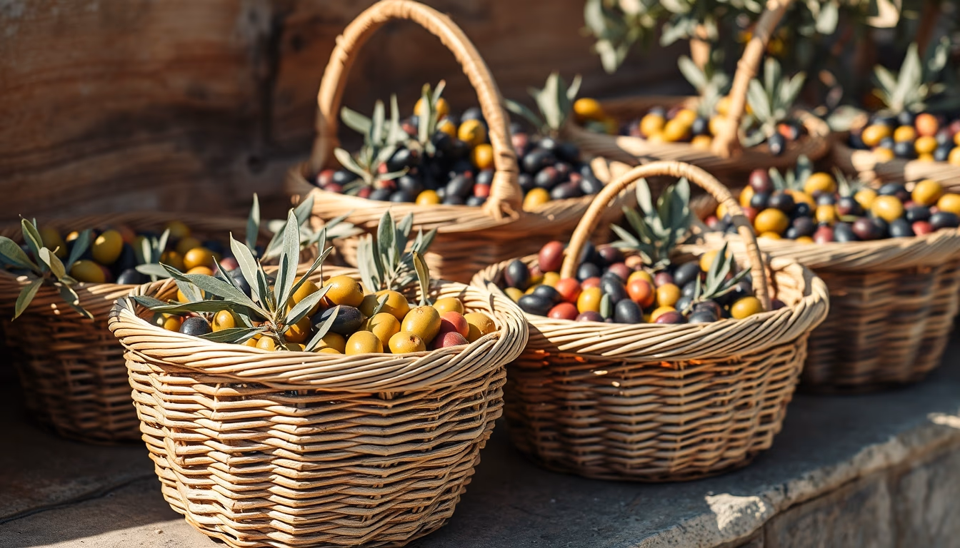 olive harvest baskets in editorial style
