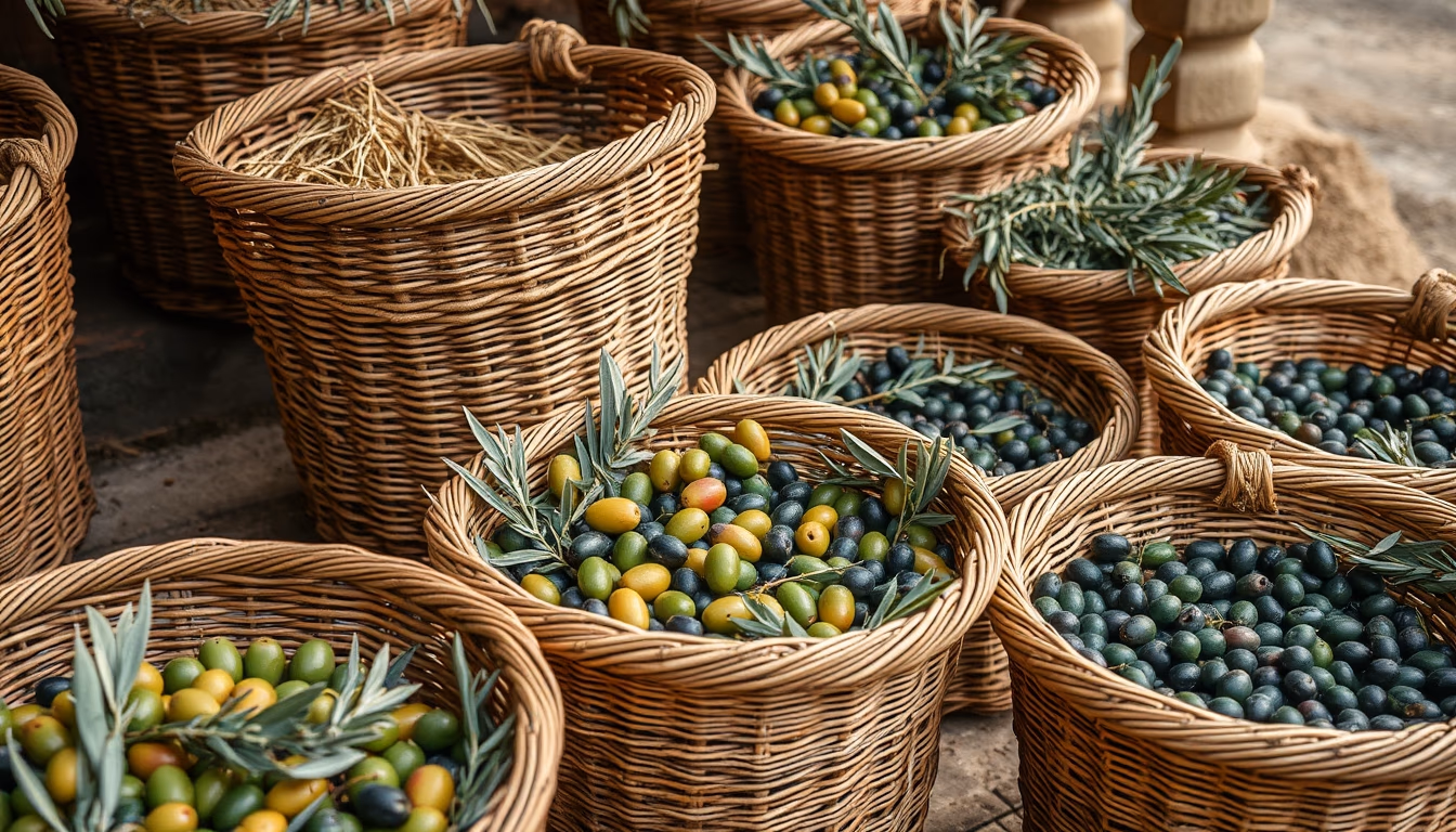 olive harvest baskets in editorial style
