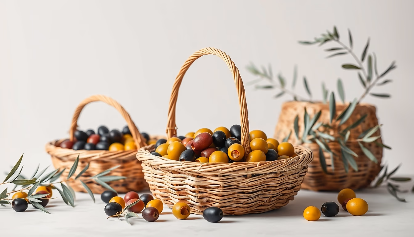 olive harvest baskets in editorial style