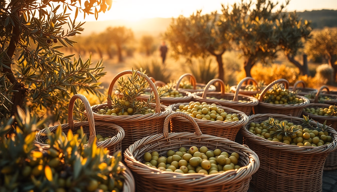 olive harvest baskets in editorial style