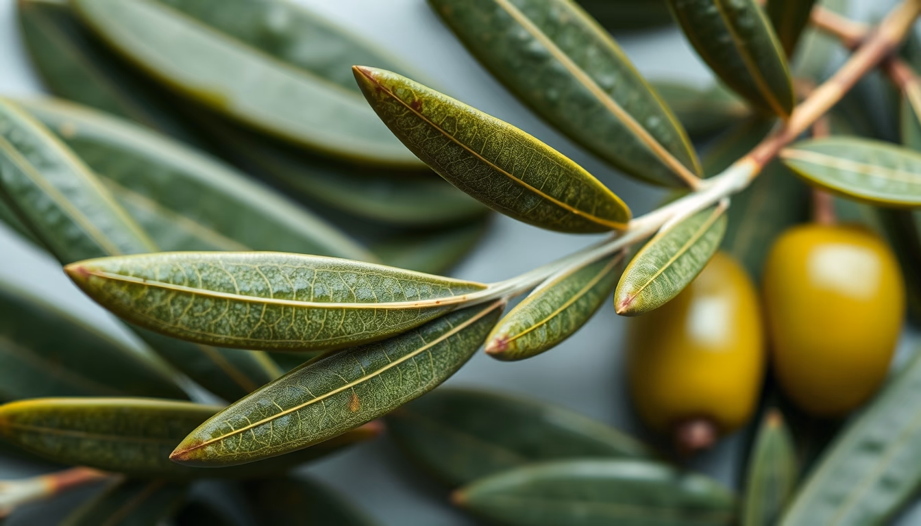 olive leaf macro detail in editorial style