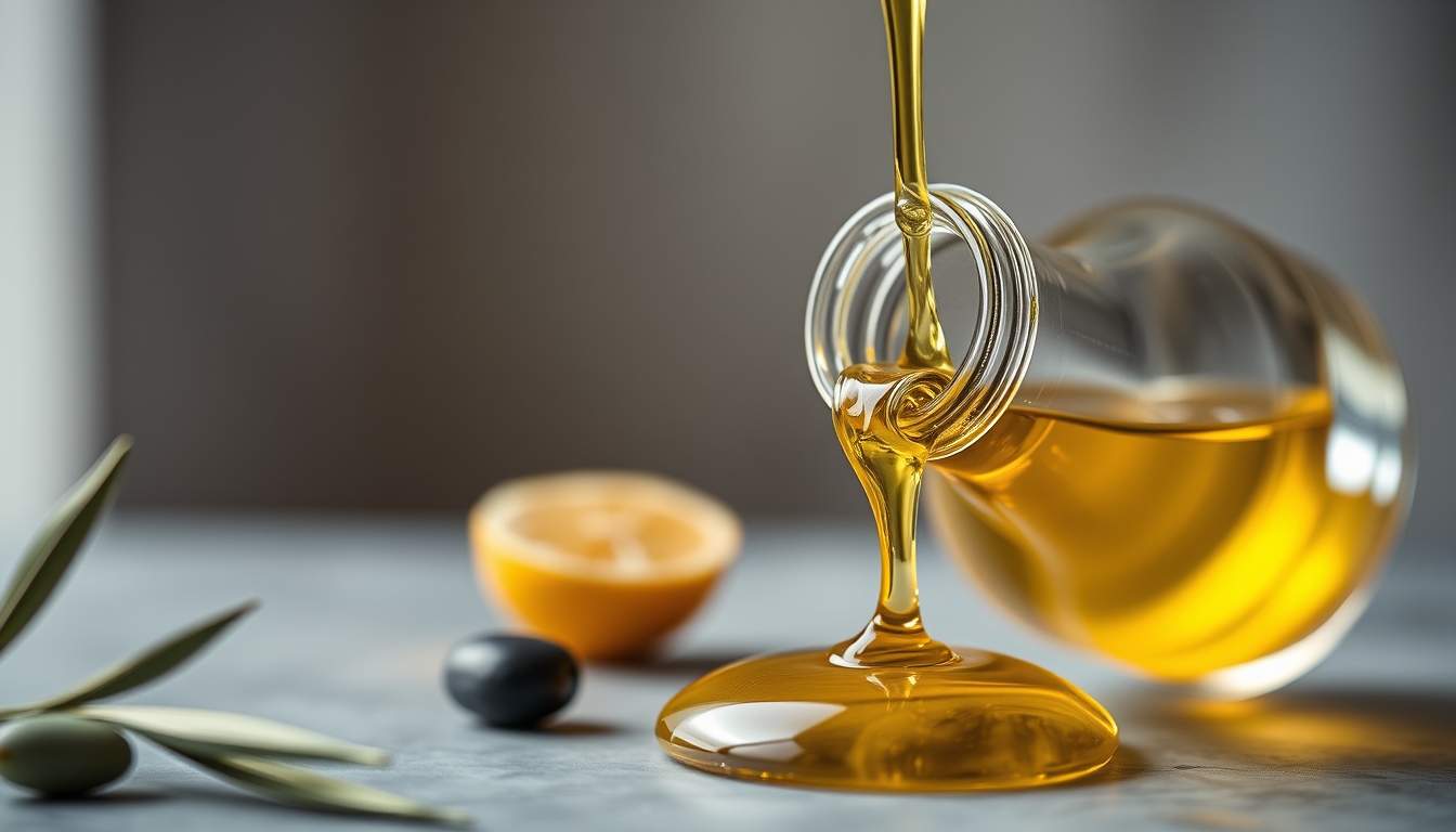 olive oil pouring closeup in editorial style