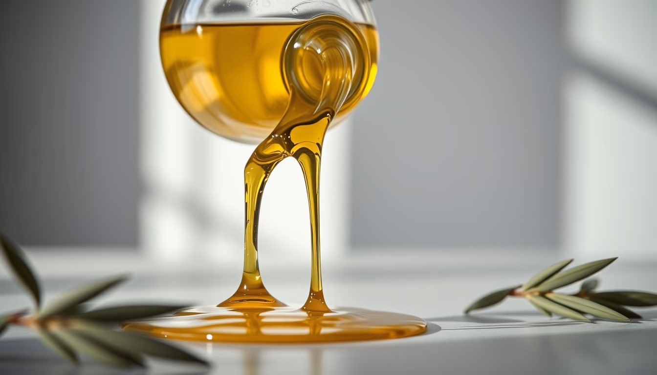 olive oil pouring closeup in editorial style