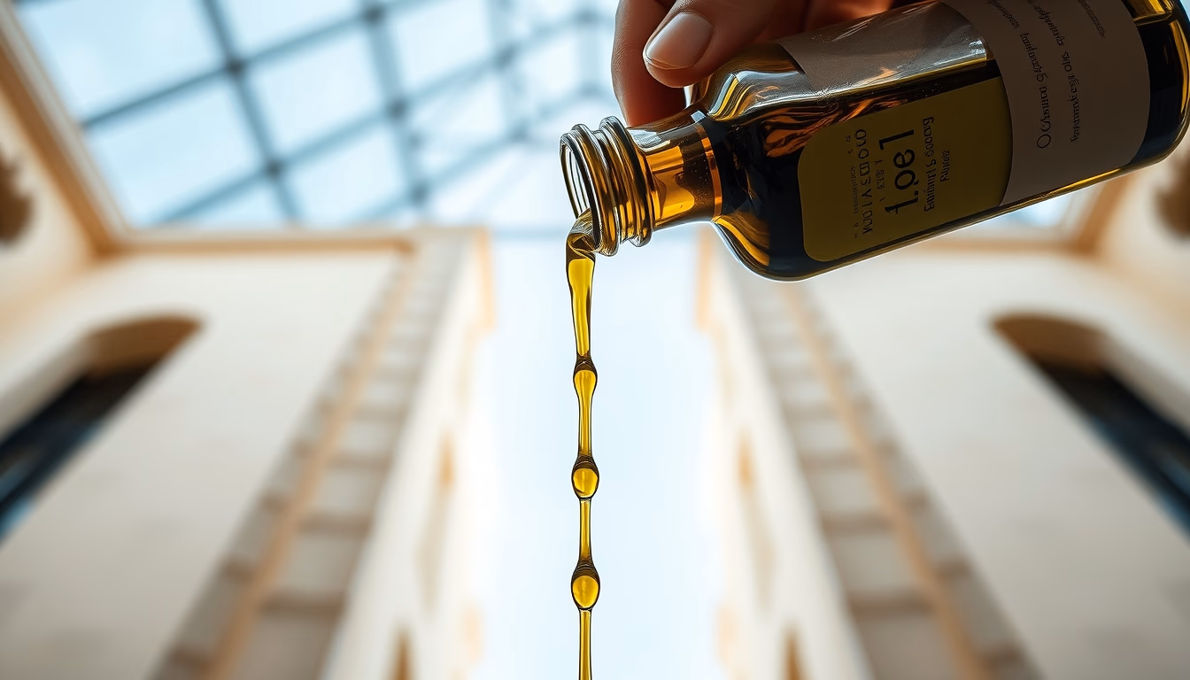 olive oil pouring from bottle in editorial style