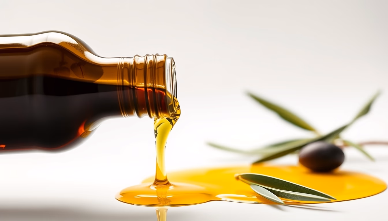 olive oil pouring from bottle in editorial style