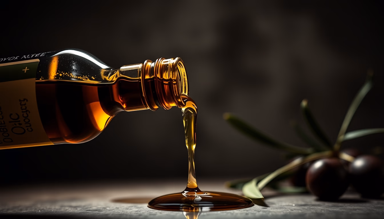 olive oil pouring from bottle in editorial style