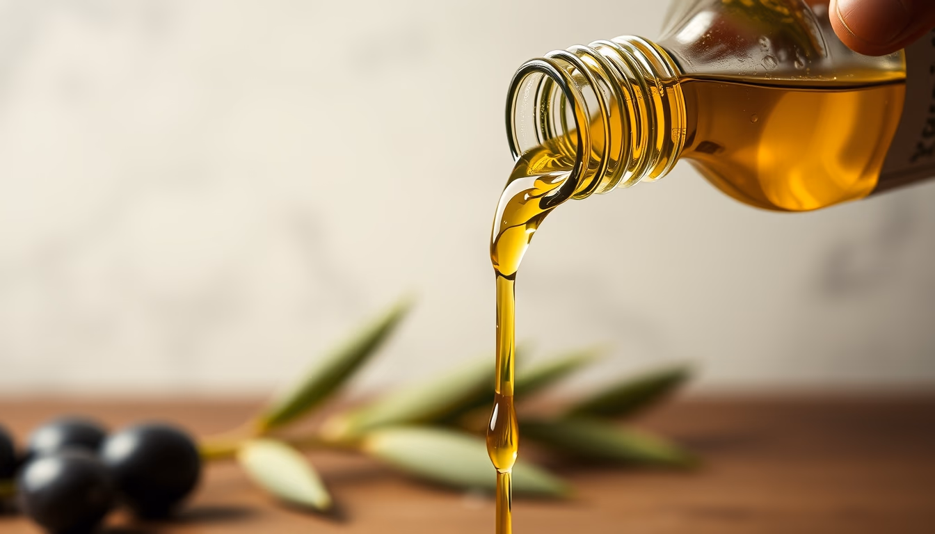 olive oil pouring from bottle in editorial style