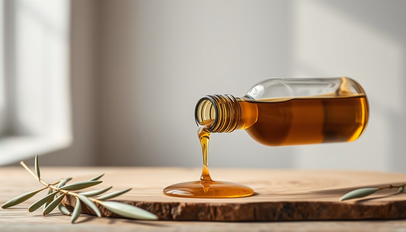 olive oil pouring from bottle in editorial style