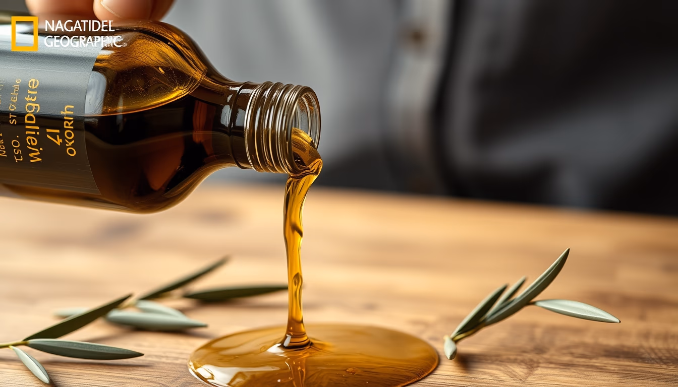 olive oil pouring from bottle in editorial style
