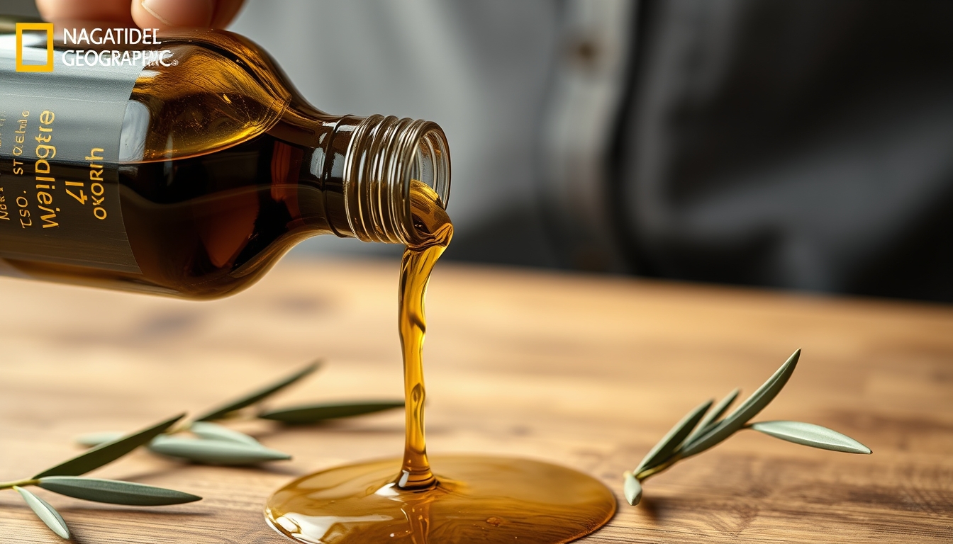 olive oil pouring from bottle in editorial style