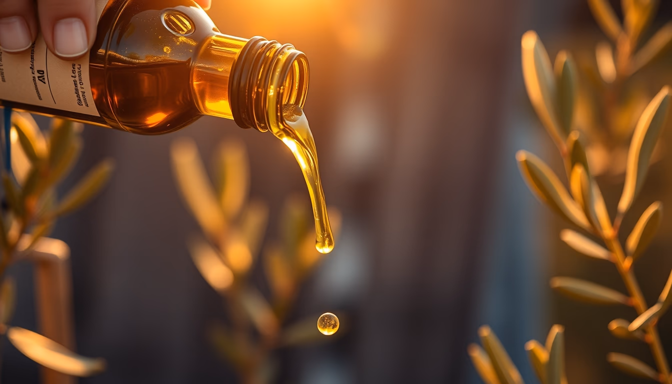 olive oil pouring from bottle in editorial style