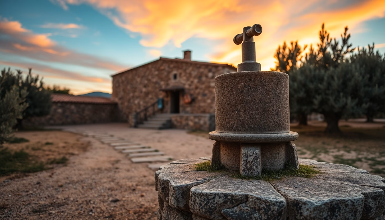 olive press traditional stone in editorial style