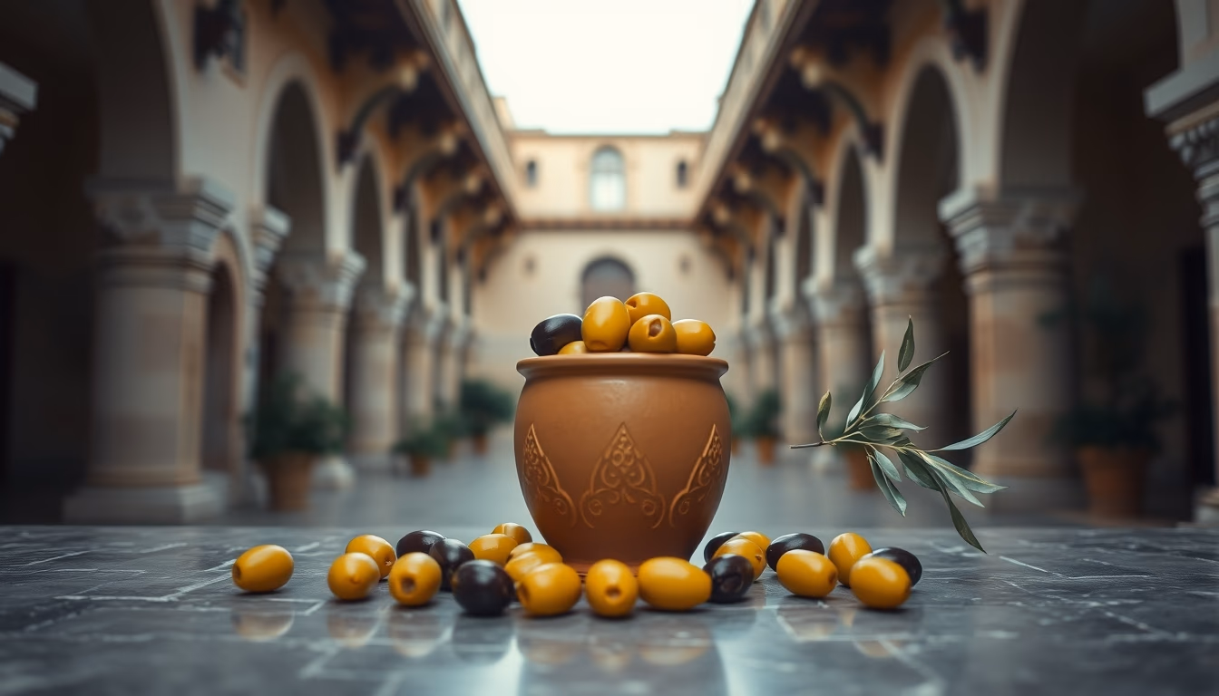 olives in clay jar in editorial style
