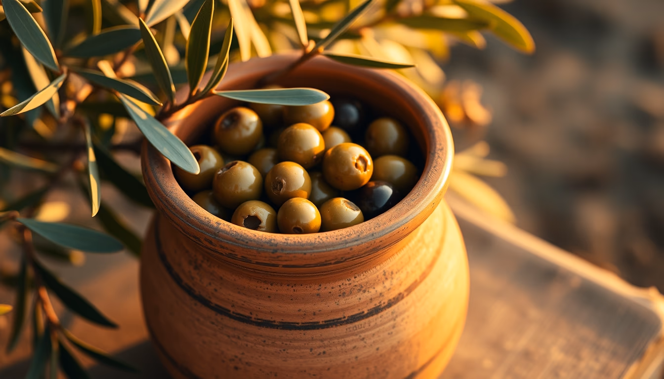 olives in clay jar in editorial style