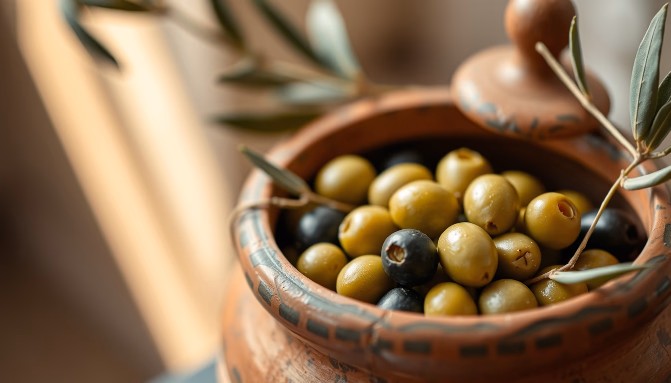 olives in clay jar in editorial style