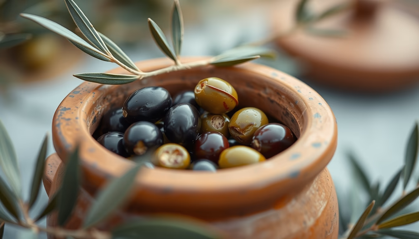 olives in clay jar in editorial style