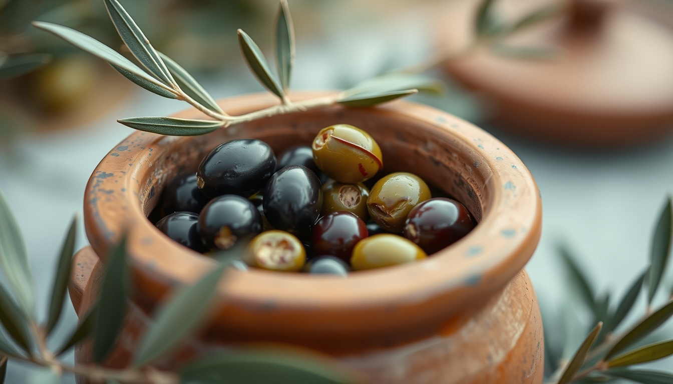 olives in clay jar in editorial style