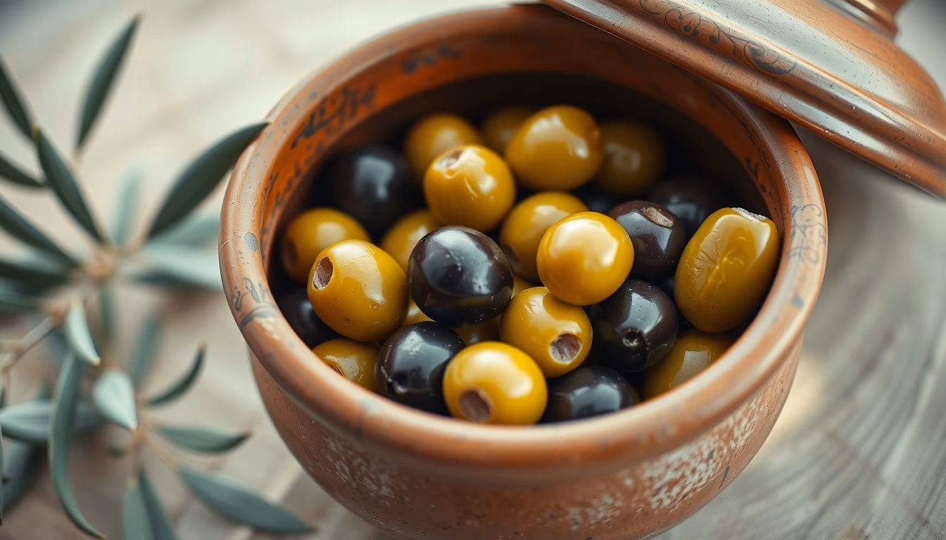 olives in clay jar in editorial style