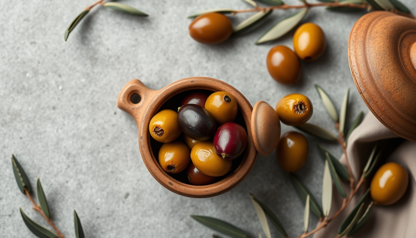 olives in clay jar in editorial style