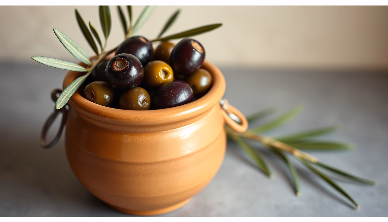 olives in clay jar in editorial style