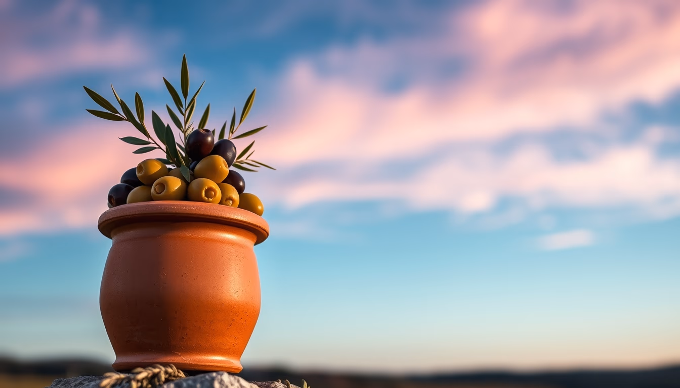 olives in clay jar in editorial style