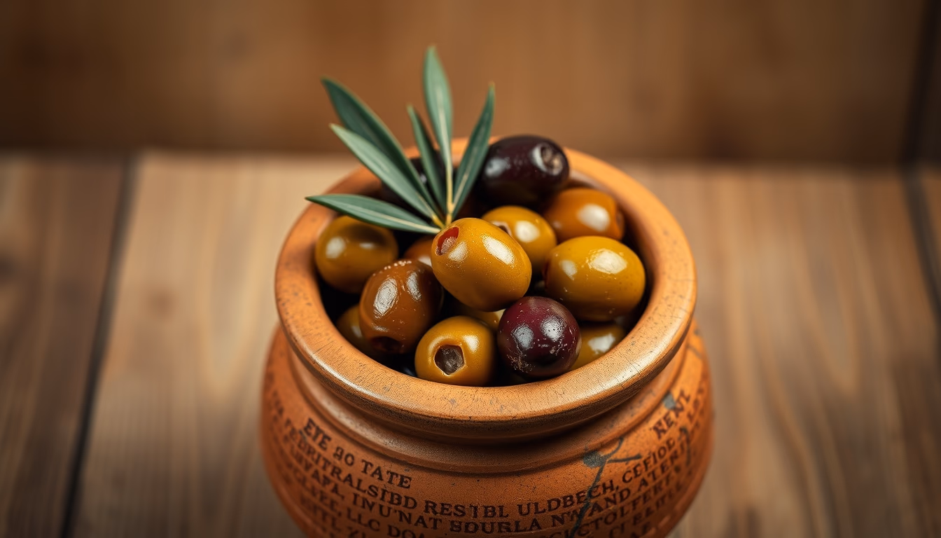 olives in clay jar in editorial style