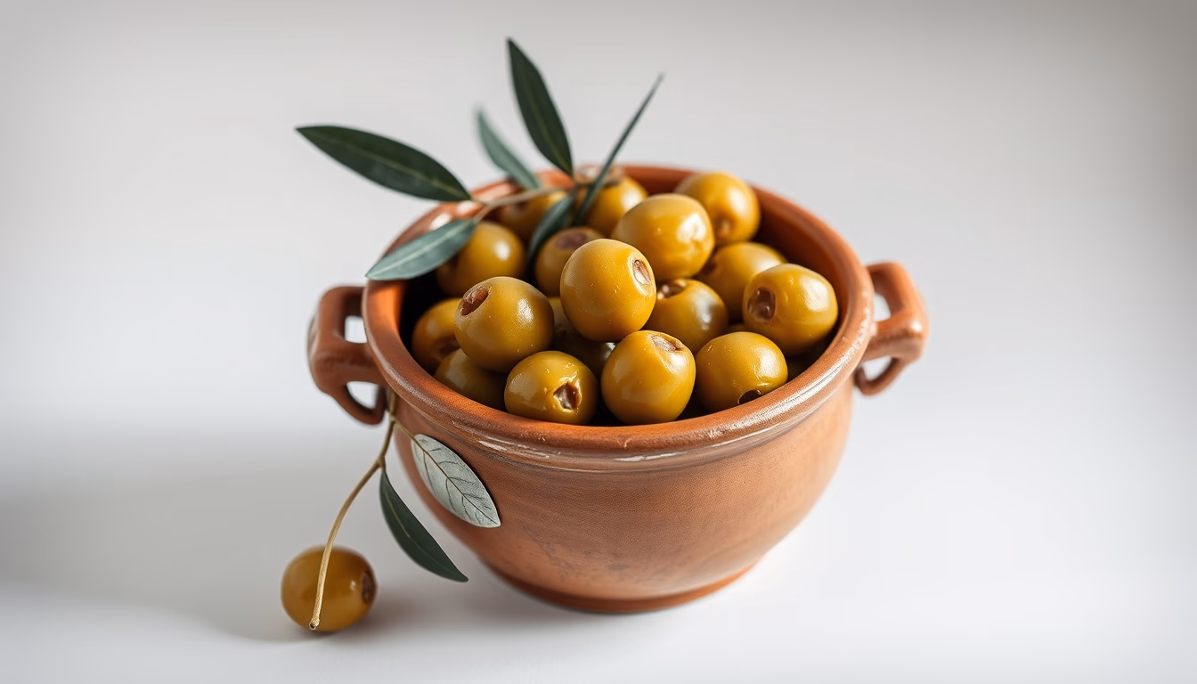 olives in clay jar in editorial style