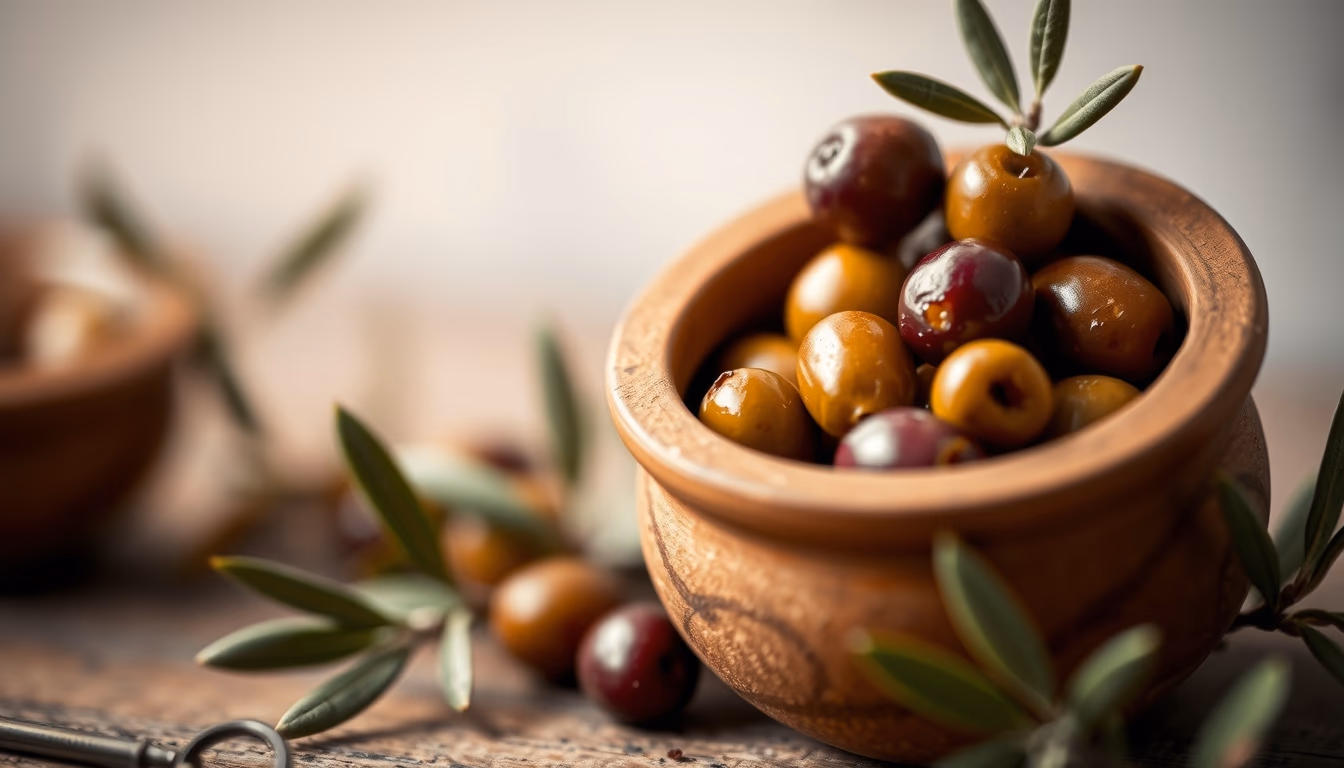 olives in clay jar in editorial style