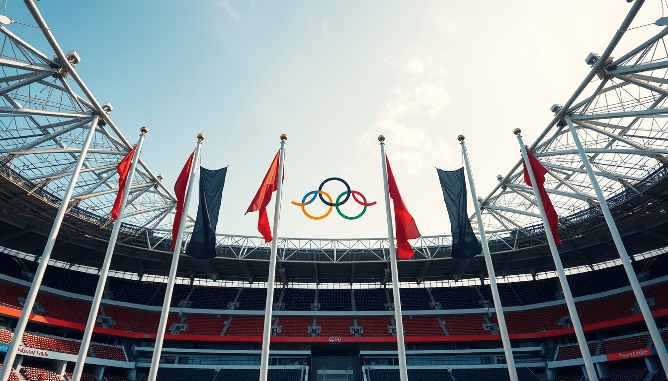 olympic flags stadium in editorial style