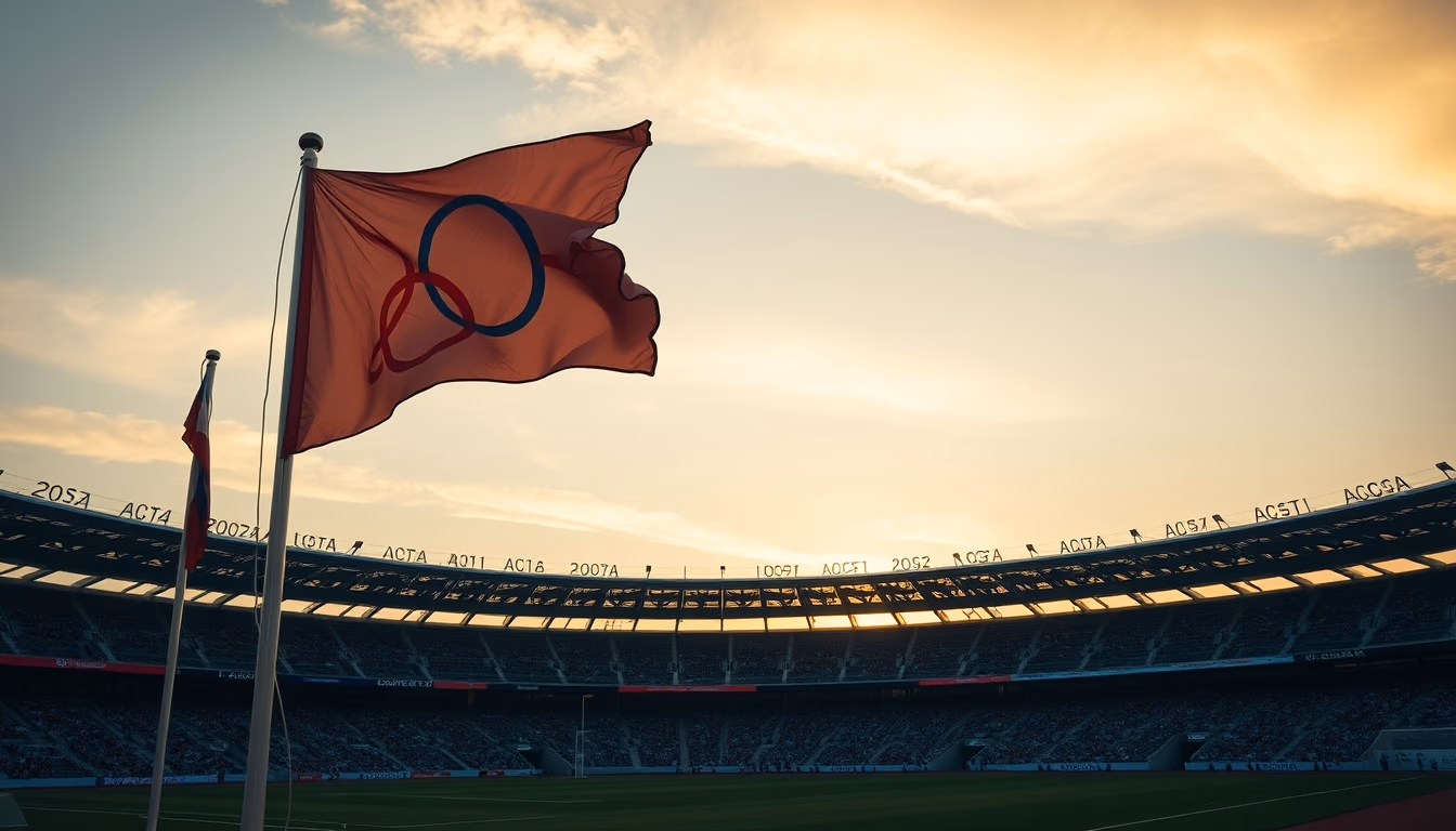 olympic flags stadium in editorial style