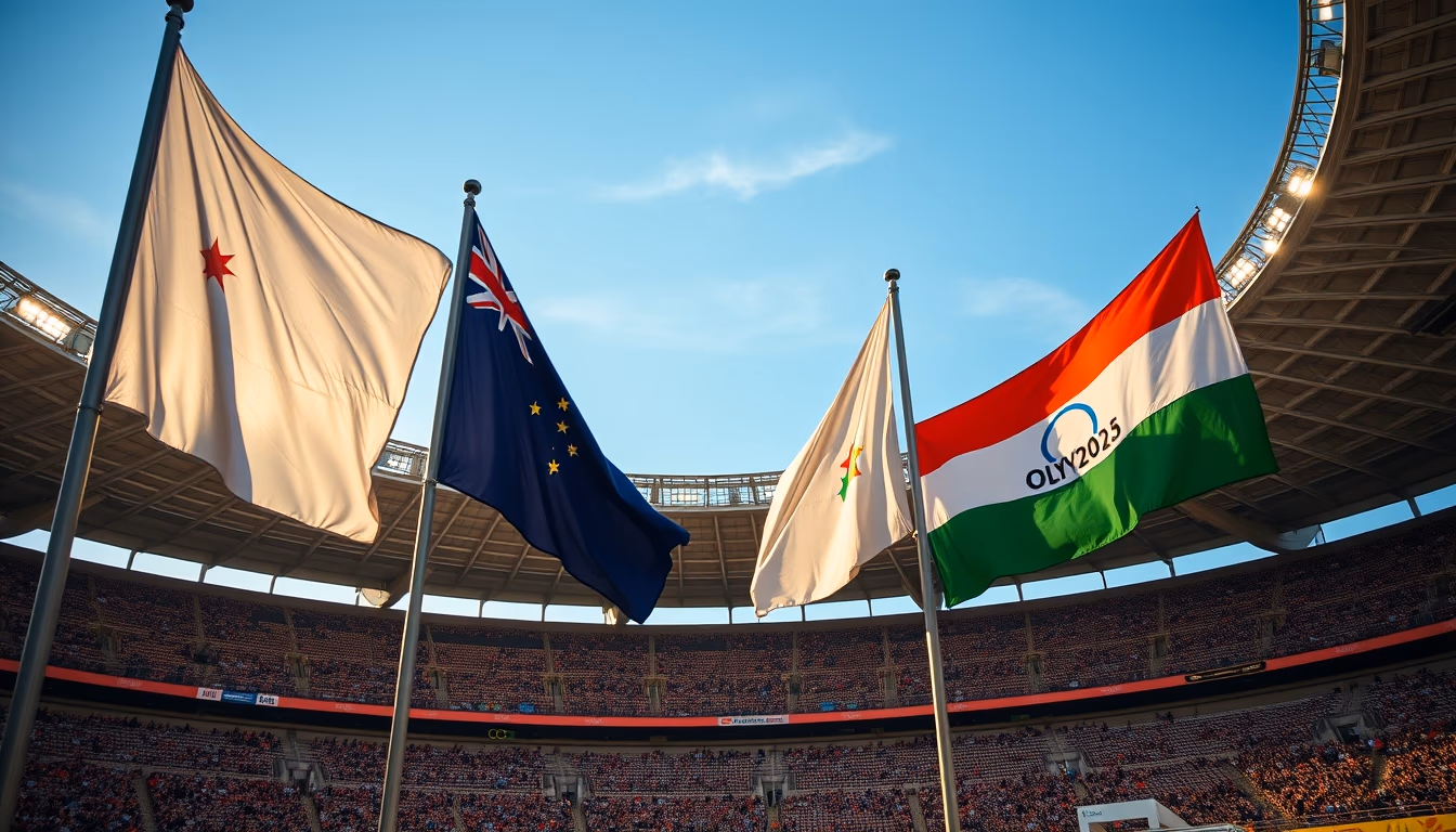 olympic flags stadium in editorial style