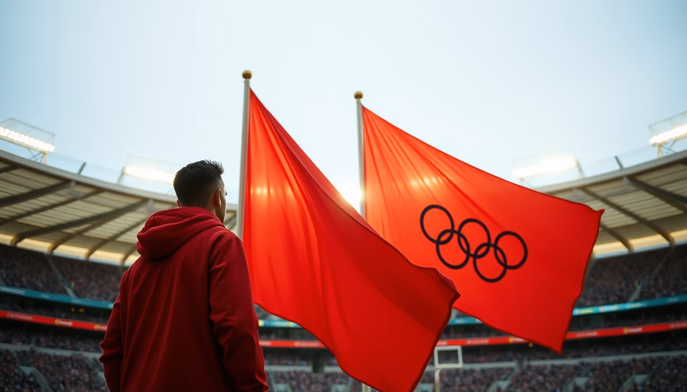 olympic flags stadium in editorial style