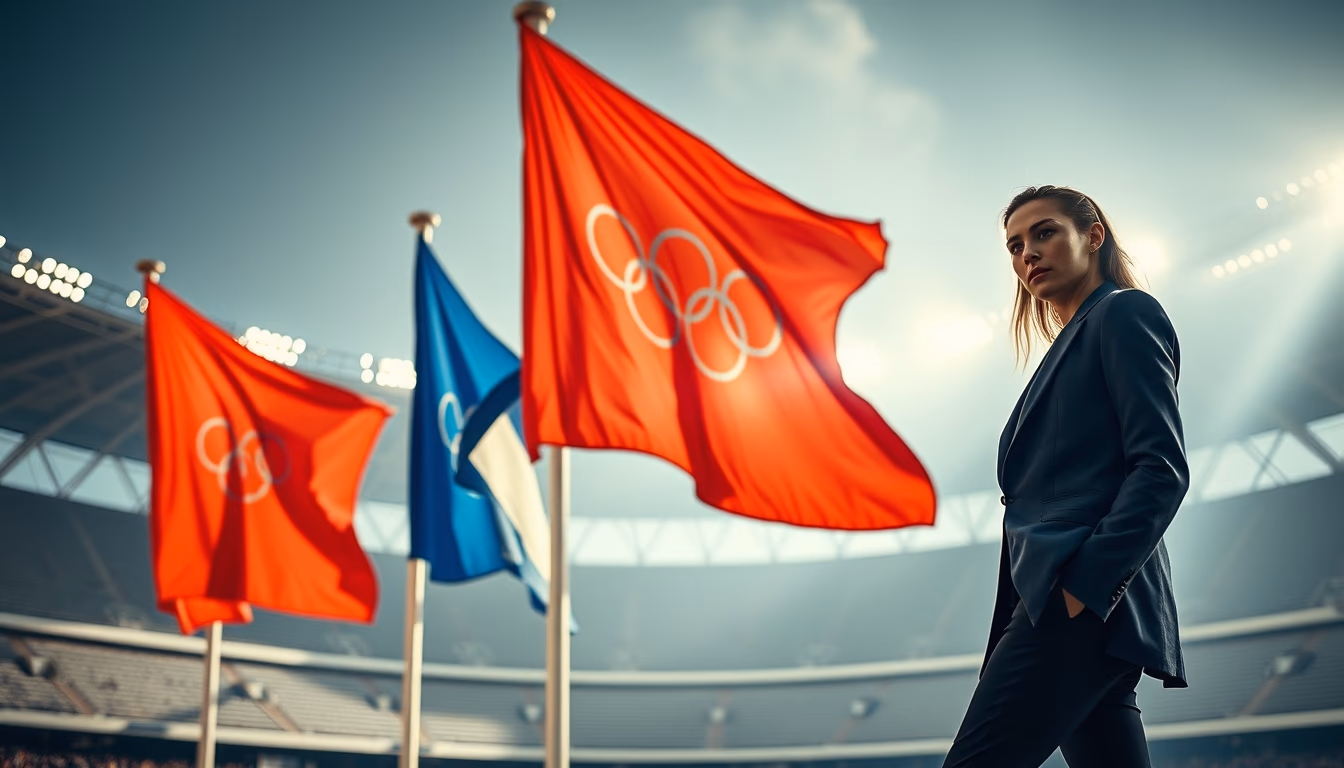 olympic flags stadium in editorial style