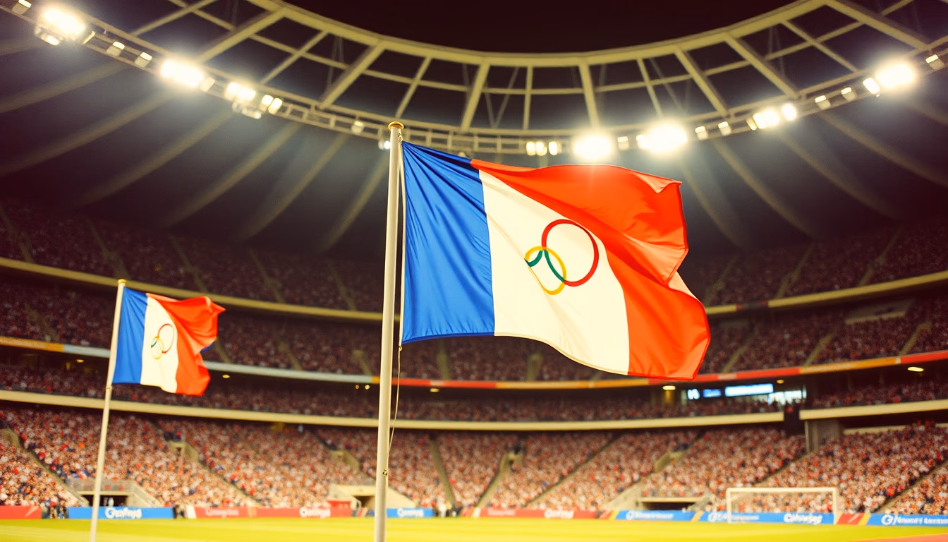 olympic flags stadium in editorial style