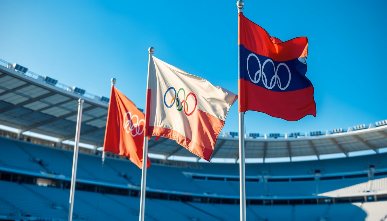 olympic flags stadium in editorial style