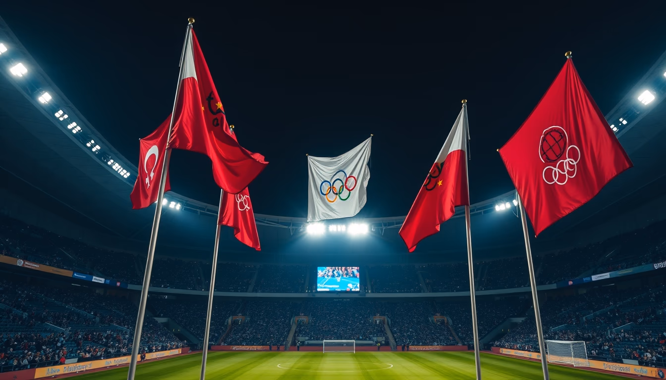olympic flags stadium in editorial style