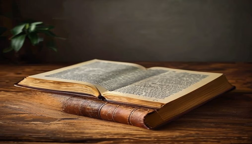 open book on wooden desk in editorial style